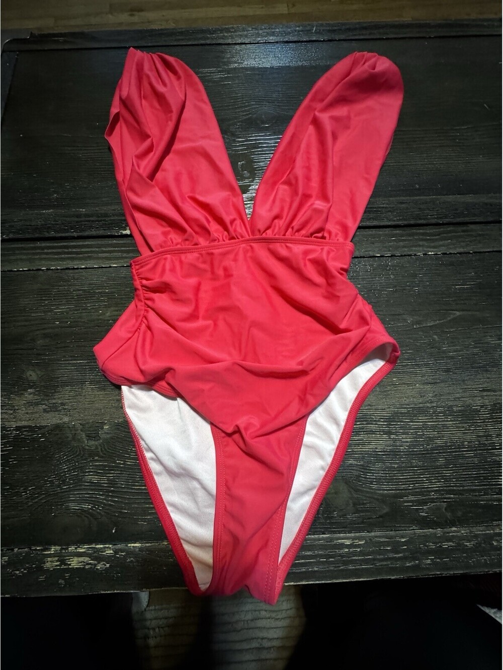 Cupshe Womens XS Hot Pink Plunge One Piece Swimsuit Ruched Tummy Control NWT